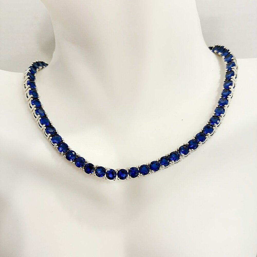Stunning Simulated Blue Sapphire Diamondette (CZ) Silver Tennis Necklace